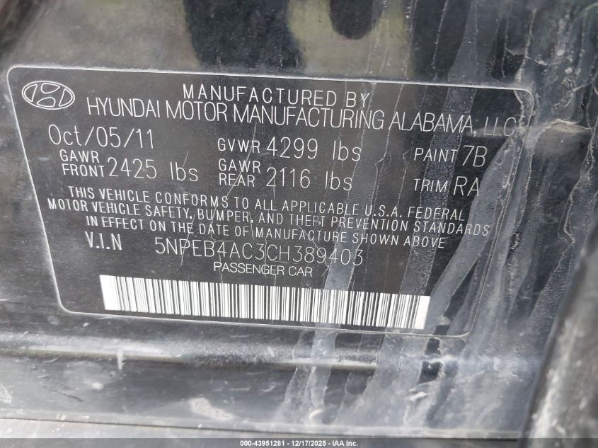 2012 Hyundai Sonata Gls VIN: 5NPEB4AC3CH389403 Lot: 43951281