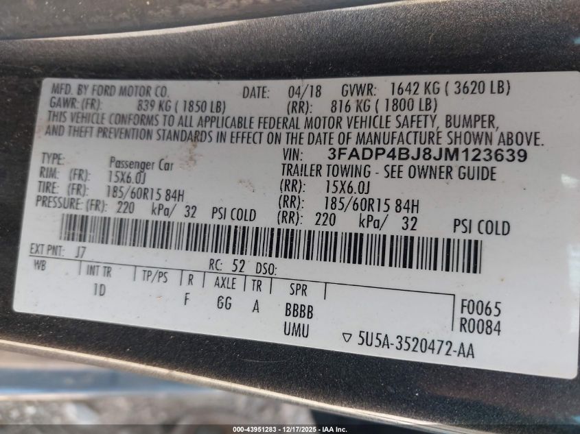 2018 Ford Fiesta Se VIN: 3FADP4BJ8JM123639 Lot: 43951283