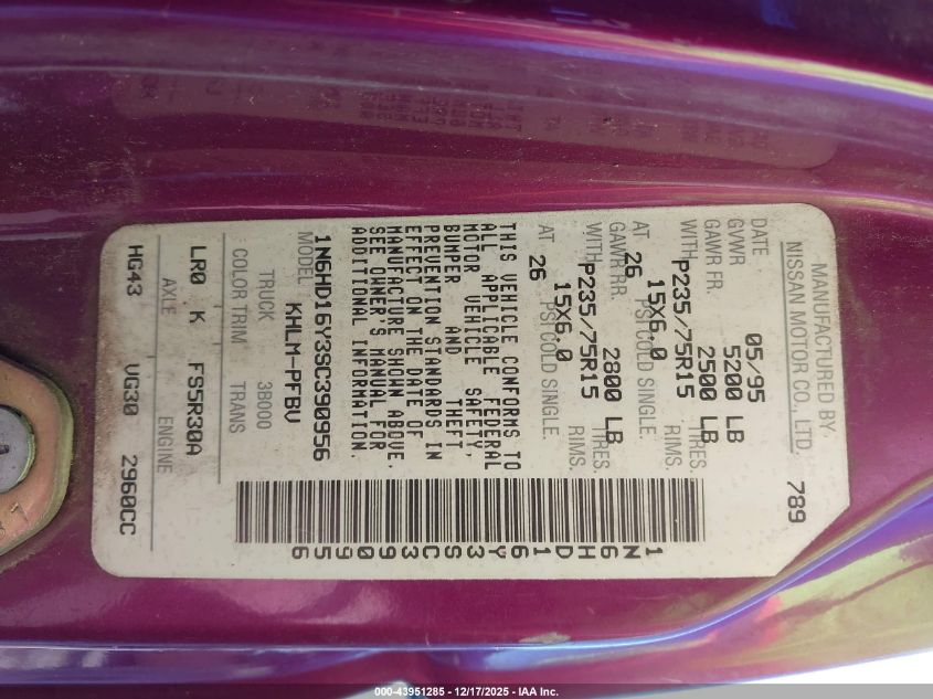 1995 Nissan Truck King Cab Se/King Cab Xe VIN: 1N6HD16Y3SC390956 Lot: 43951285