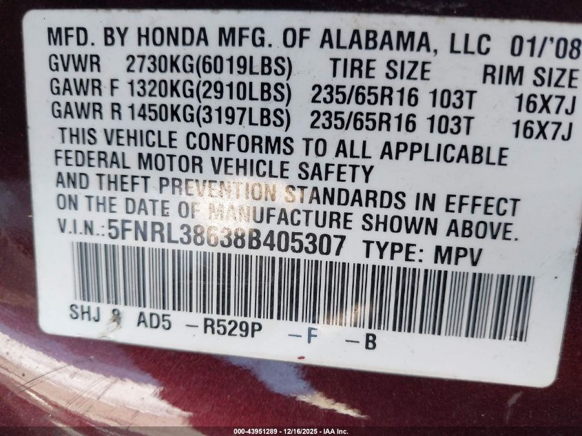 2008 Honda Odyssey Ex-L VIN: 5FNRL38638B405307 Lot: 43951289