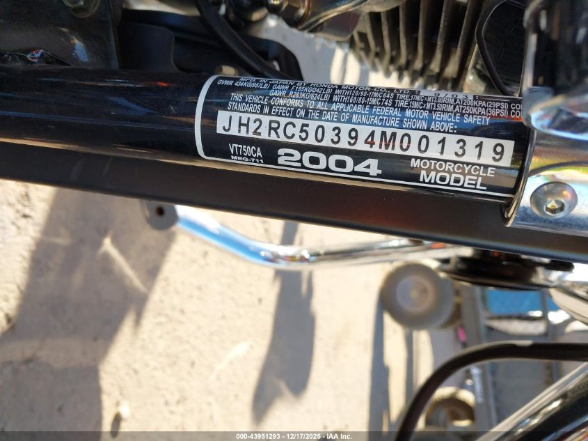 2004 Honda Vt750 Ca VIN: JH2RC50394M001319 Lot: 43951293