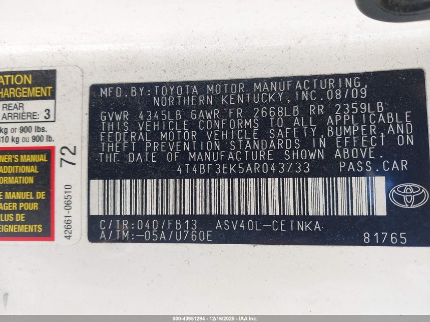 2010 Toyota Camry Le VIN: 4T4BF3EK5AR043733 Lot: 43951294