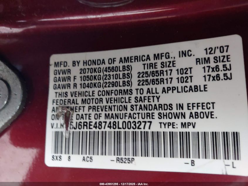 2008 Honda Cr-V Ex-L VIN: 5J6RE48748L003277 Lot: 43951295