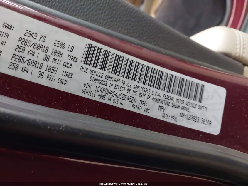 2018 Dodge Durango Sxt Rwd VIN: 1C4RDHAG4JC254560 Lot: 43951296