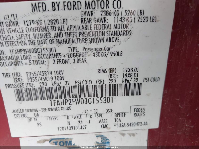 2011 Ford Taurus Limited VIN: 1FAHP2FW0BG155301 Lot: 43951297