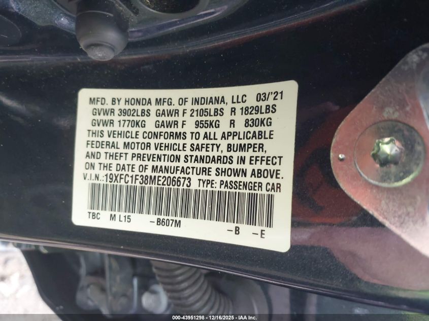 2021 Honda Civic Ex VIN: 19XFC1F38ME206673 Lot: 43951298