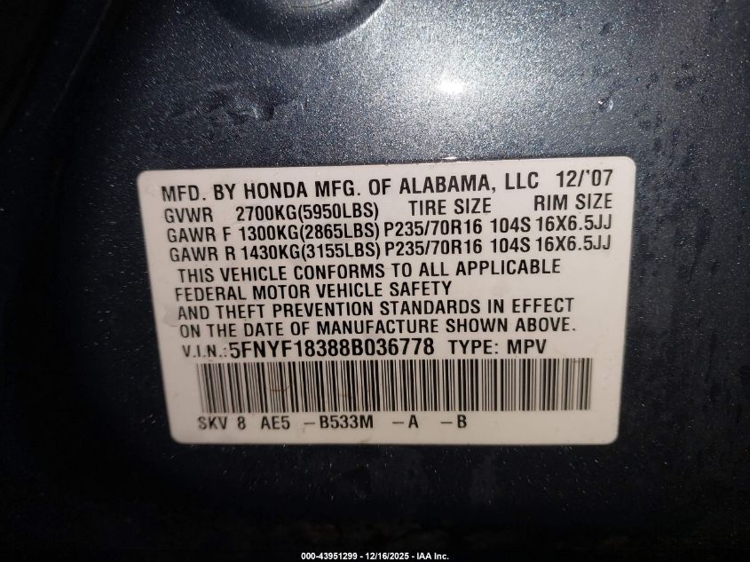 2008 Honda Pilot Se VIN: 5FNYF18388B036778 Lot: 43951299