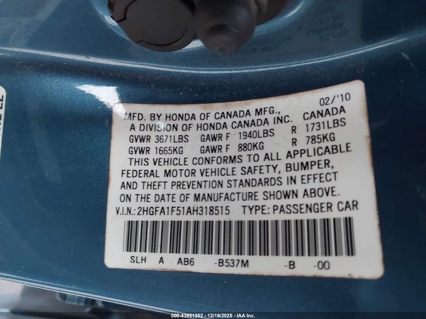 2010 Honda Civic Lx VIN: 2HGFA1F51AH318515 Lot: 43951302