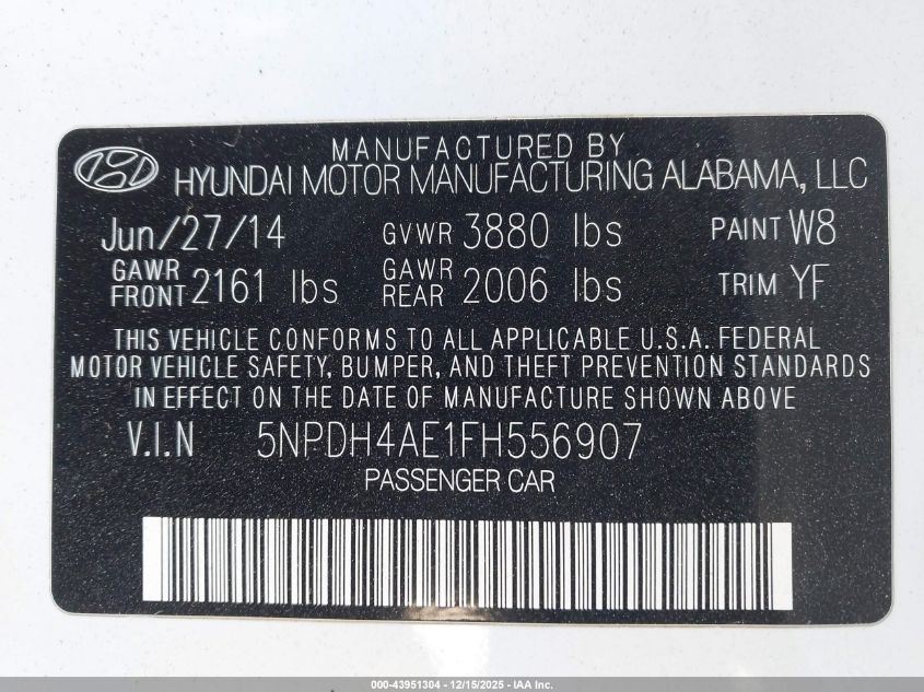 2015 Hyundai Elantra Se VIN: 5NPDH4AE1FH556907 Lot: 43951304