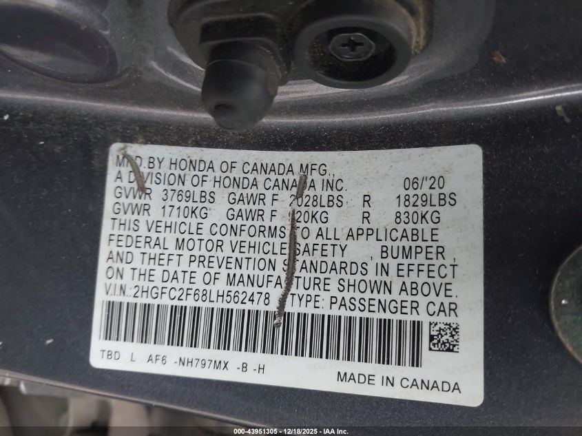 2020 Honda Civic Lx VIN: 2HGFC2F68LH562478 Lot: 43951305