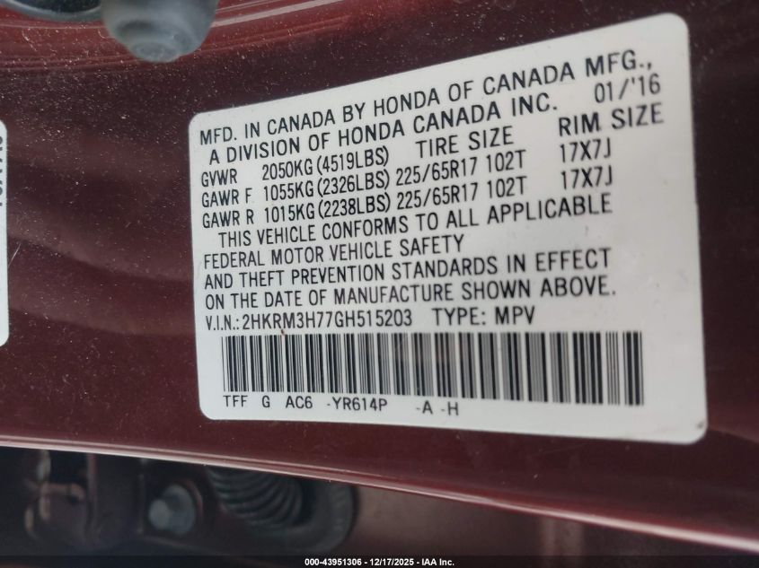 2016 Honda Cr-V Ex-L VIN: 2HKRM3H77GH515203 Lot: 43951306