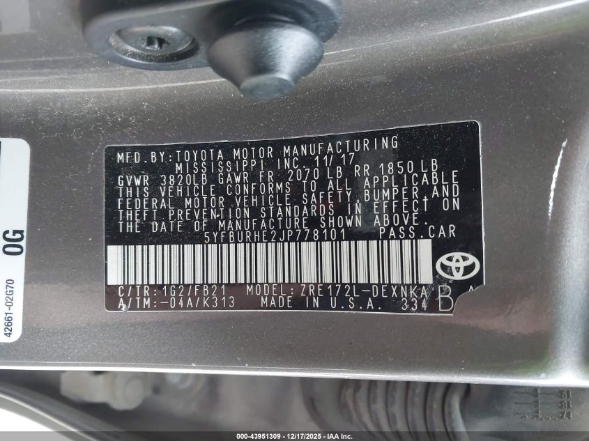 2018 Toyota Corolla Le VIN: 5YFBURHE2JP778101 Lot: 43951309