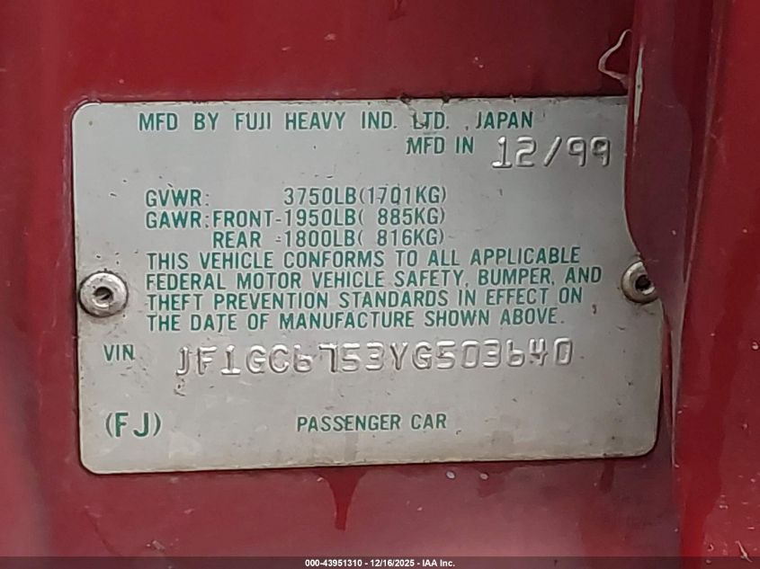 2000 Subaru Impreza 2.5Rs VIN: JF1GC6753YG503640 Lot: 43951310