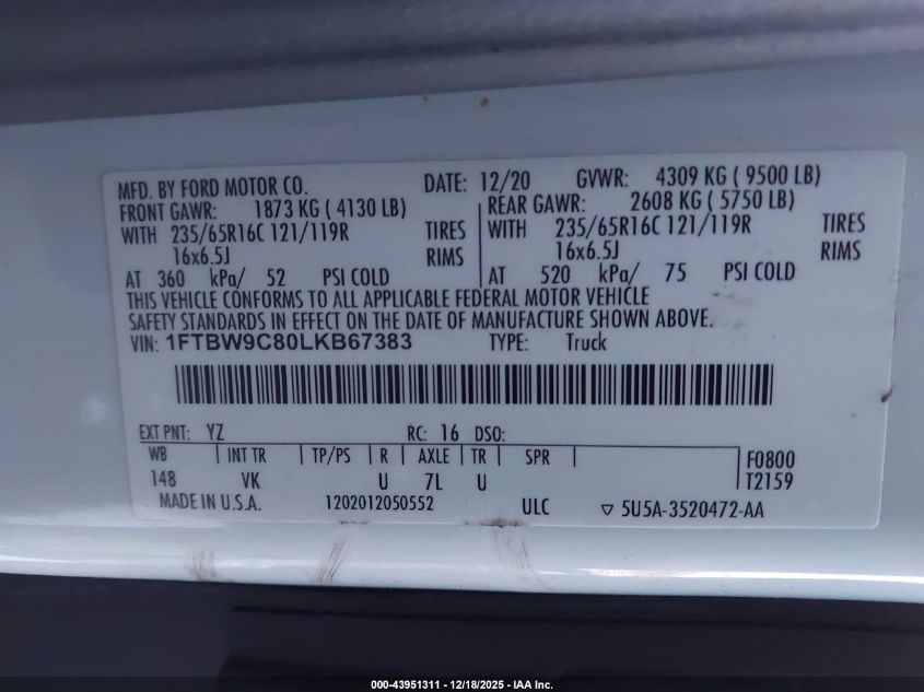 2020 Ford Transit-350 VIN: 1FTBW9C80LKB67383 Lot: 43951311