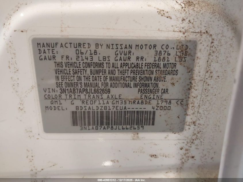 2018 Nissan Sentra Sv VIN: 3N1AB7AP8JL662659 Lot: 43951312
