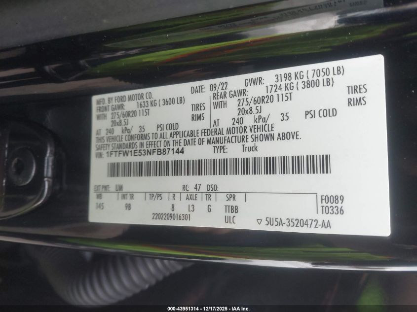 2022 Ford F-150 Platinum VIN: 1FTFW1E53NFB87144 Lot: 43951314