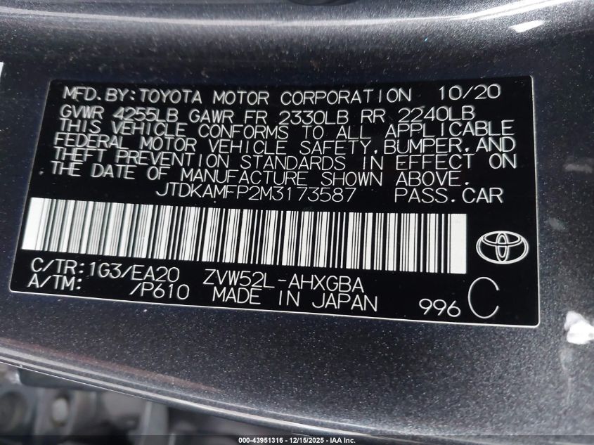 2021 Toyota Prius Prime Xle VIN: JTDKAMFP2M3173587 Lot: 43951316