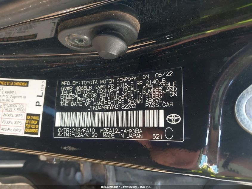 2022 Toyota Corolla Se VIN: JTND4MBE8N3182232 Lot: 43951317