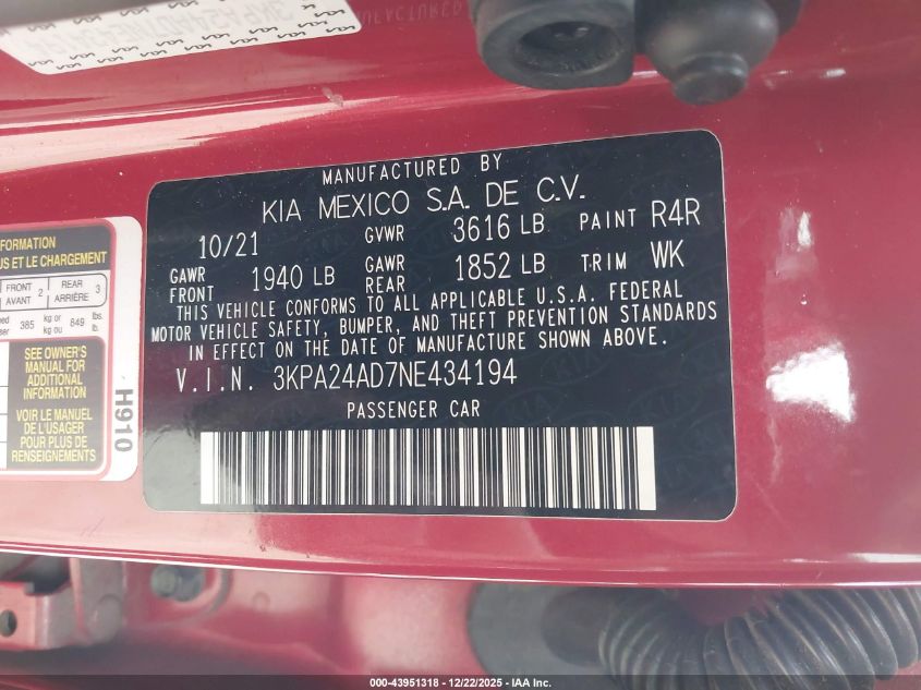 2022 Kia Rio S VIN: 3KPA24AD7NE434194 Lot: 43951318