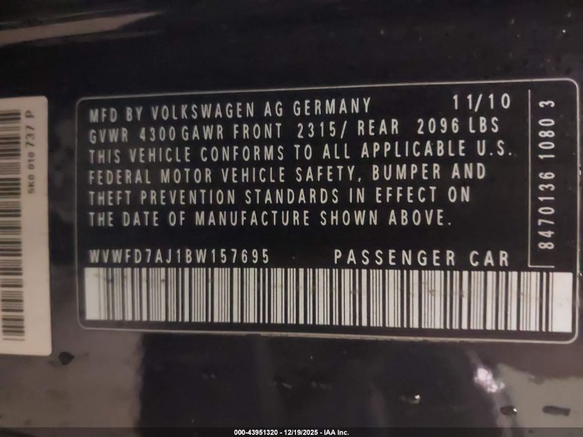 2011 Volkswagen Gti 2-Door Autobahn VIN: WVWFD7AJ1BW157695 Lot: 43951320
