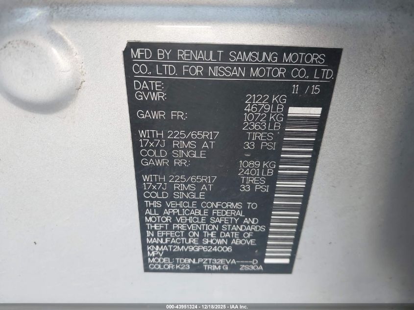 2016 Nissan Rogue S VIN: KNMAT2MV9GP624006 Lot: 43951324