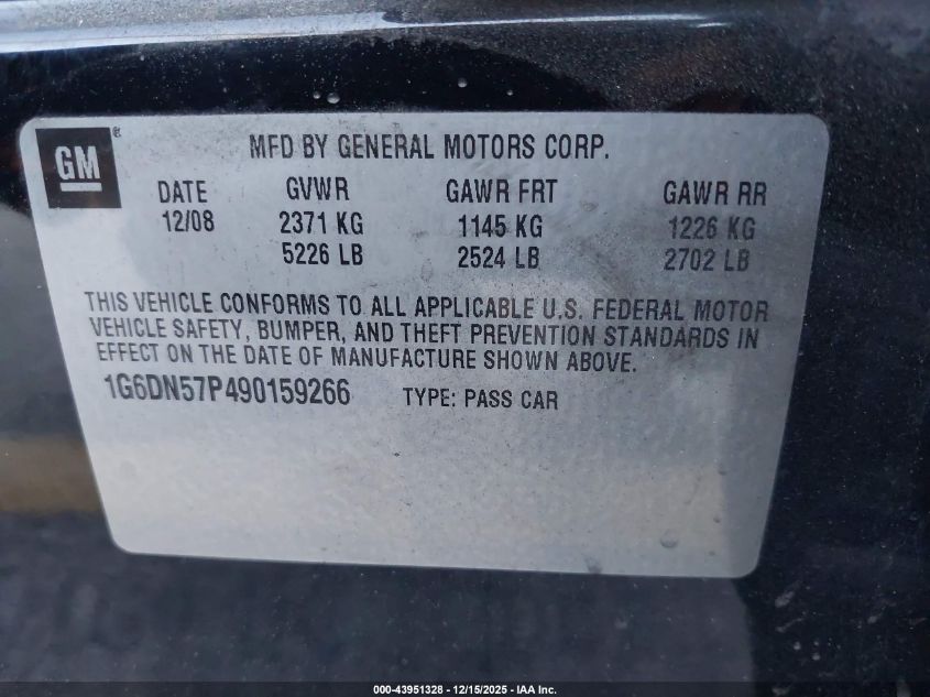 2009 Cadillac Cts-V VIN: 1G6DN57P490159266 Lot: 43951328