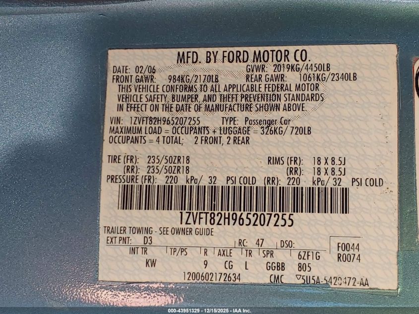 2006 Ford Mustang Gt VIN: 1ZVFT82H965207255 Lot: 43951329