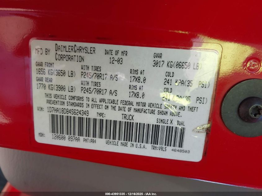 2004 Dodge Ram 1500 Slt/Laramie VIN: 1D7HA18D84S624349 Lot: 43951335