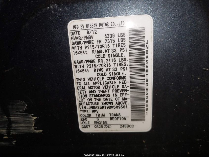 2013 Nissan Rogue S VIN: JN8AS5MT9DW509561 Lot: 43951340