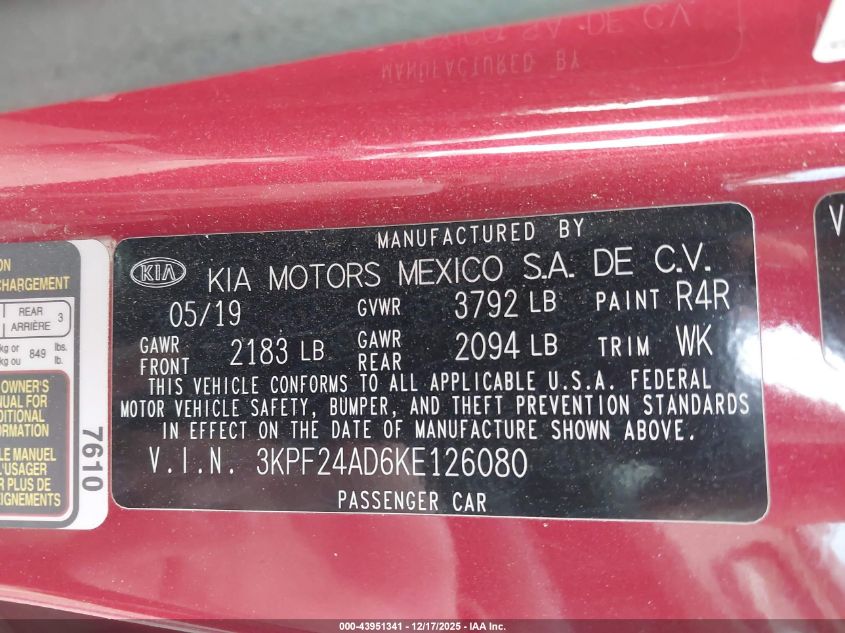 2019 Kia Forte Lxs VIN: 3KPF24AD6KE126080 Lot: 43951341