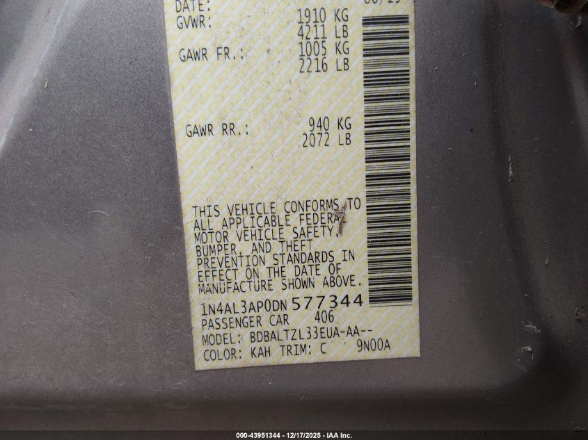 2013 Nissan Altima 2.5 Sv VIN: 1N4AL3AP0DN577344 Lot: 43951344