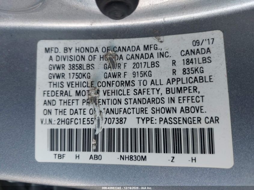 2017 Honda Civic Si VIN: 2HGFC1E55HH707387 Lot: 43951345