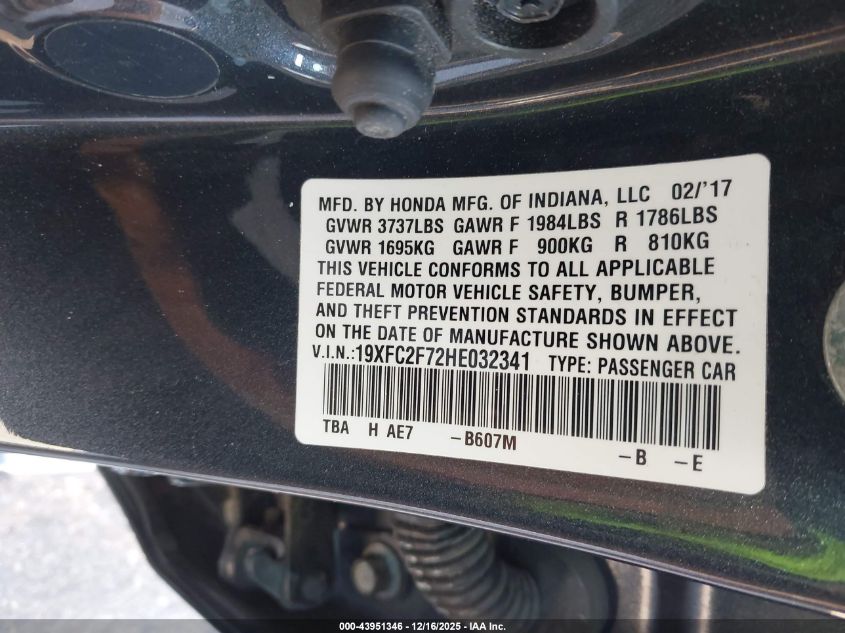 2017 Honda Civic Ex VIN: 19XFC2F72HE032341 Lot: 43951346
