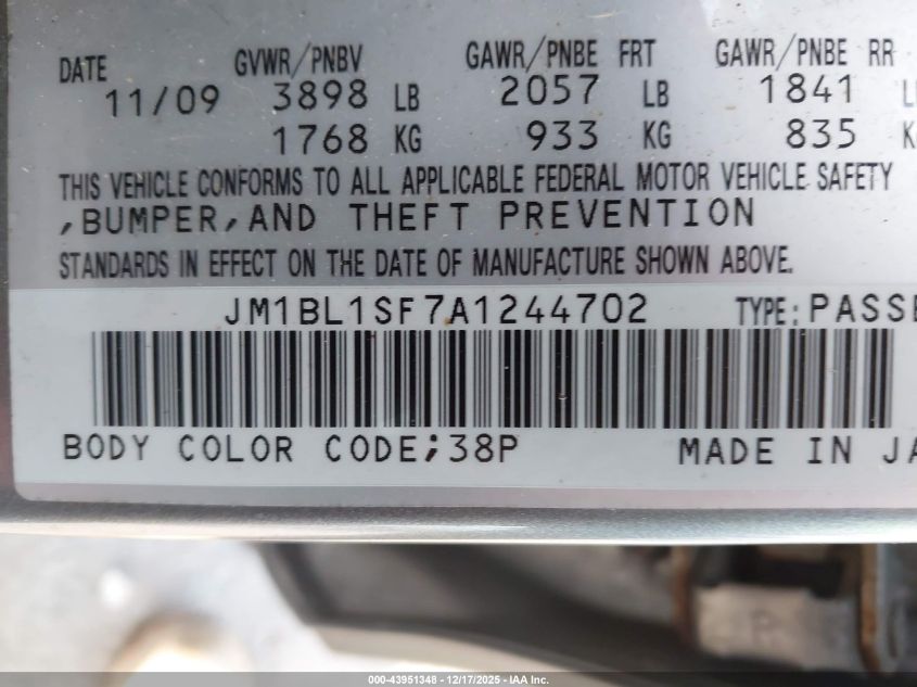 2010 Mazda Mazda3 VIN: JM1BL1SF7A1244702 Lot: 43951348