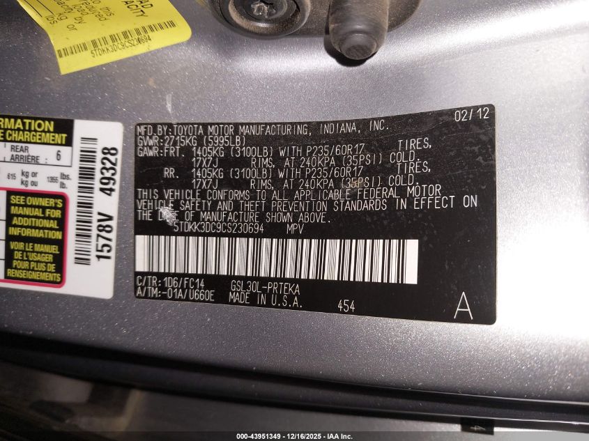 2012 Toyota Sienna Le V6 8 Passenger VIN: 5TDKK3DC9CS230694 Lot: 43951349