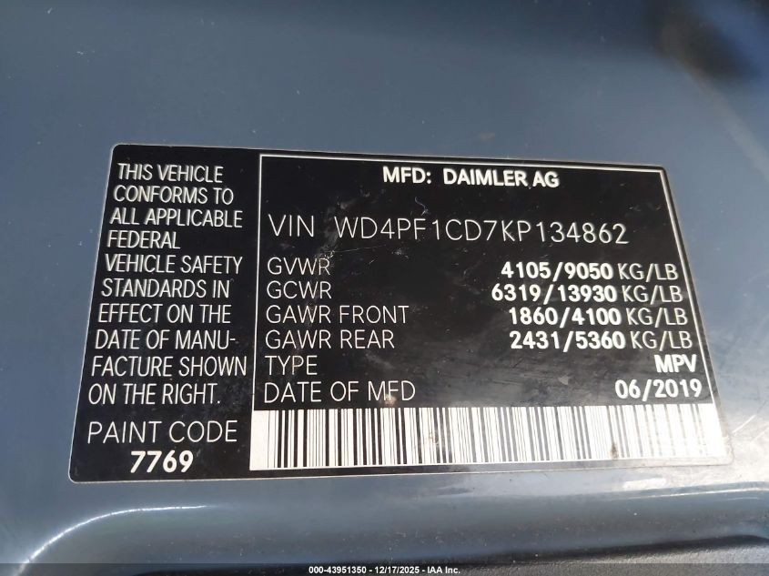 2019 Mercedes-Benz Sprinter 2500 High Roof V6 VIN: WD4PF1CD7KP134862 Lot: 43951350