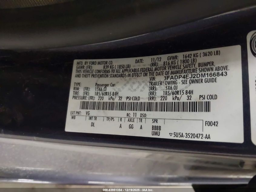 2013 Ford Fiesta Se VIN: 3FADP4EJ2DM166843 Lot: 43951354