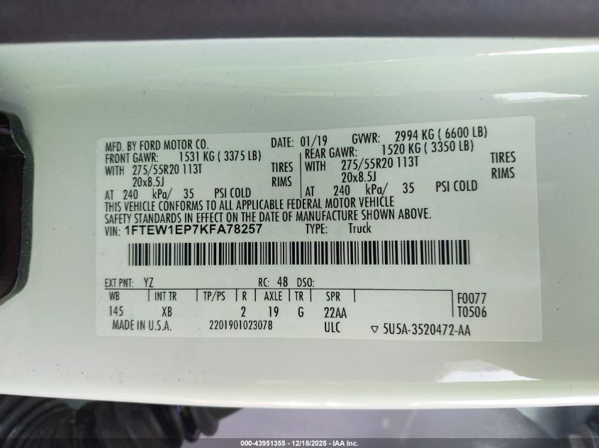 2019 Ford F-150 Xlt VIN: 1FTEW1EP7KFA78257 Lot: 43951355