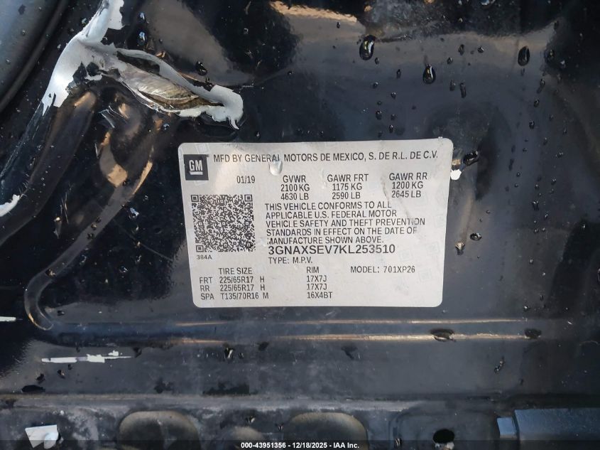 2019 Chevrolet Equinox Ls VIN: 3GNAXSEV7KL253510 Lot: 43951356