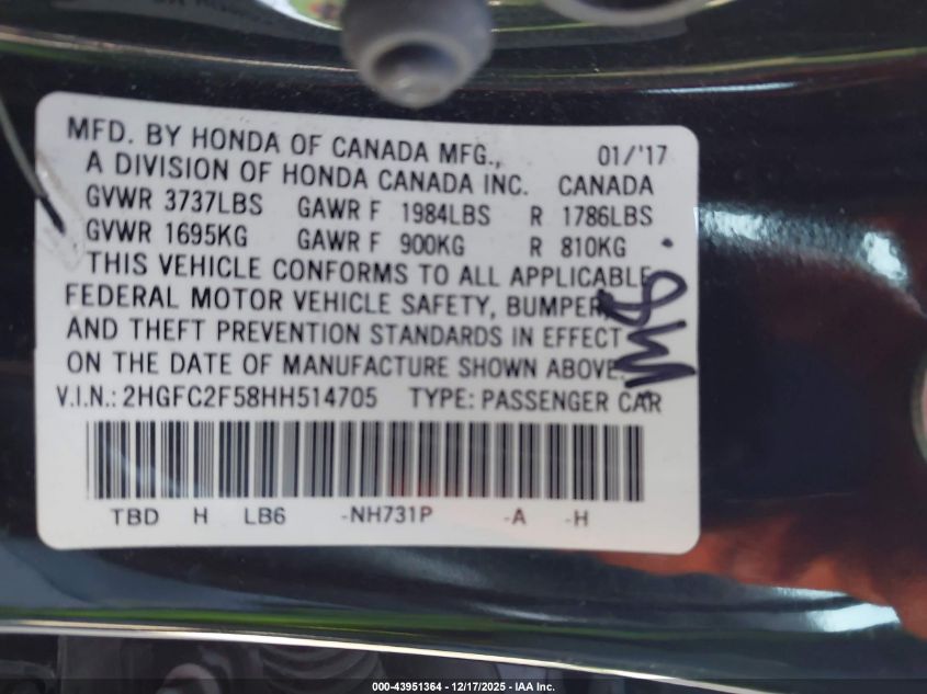 2017 Honda Civic Lx VIN: 2HGFC2F58HH514705 Lot: 43951364