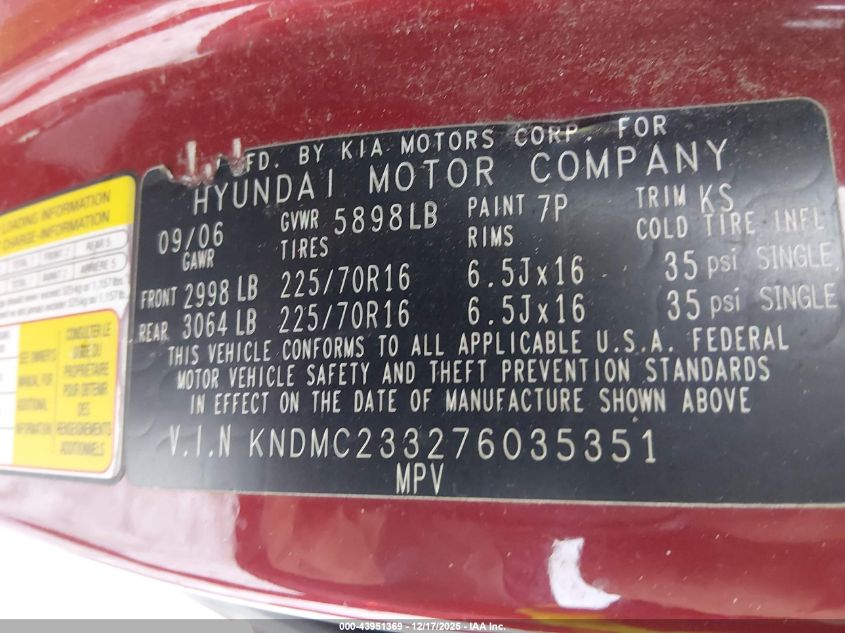 2007 Hyundai Entourage Gls/Limited/Se VIN: KNDMC233276035351 Lot: 43951369