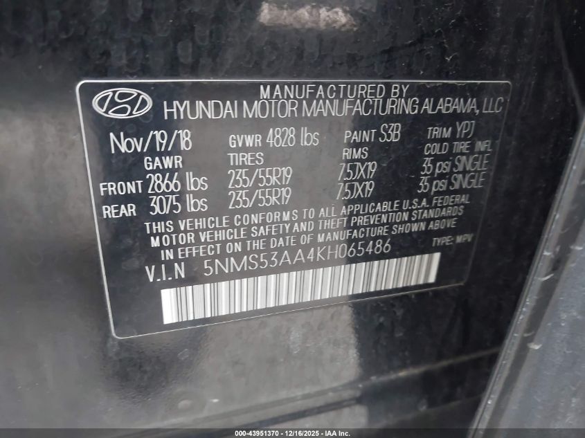 2019 Hyundai Santa Fe Limited 2.0T VIN: 5NMS53AA4KH065486 Lot: 43951370