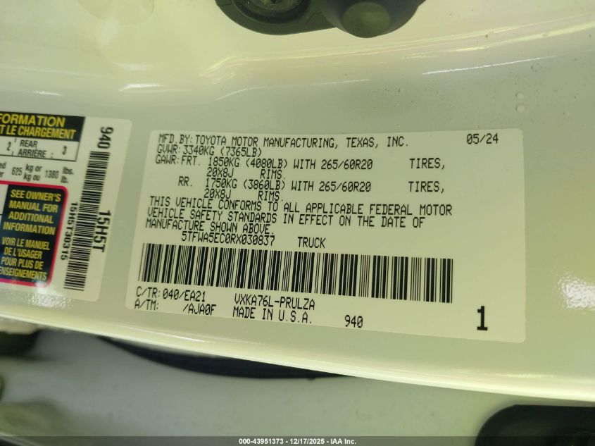 2024 Toyota Tundra Limited VIN: 5TFWA5EC0RX030837 Lot: 43951373