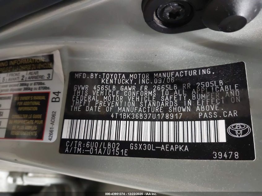 2007 Toyota Avalon Limited VIN: 4T1BK36B37U178917 Lot: 43951374