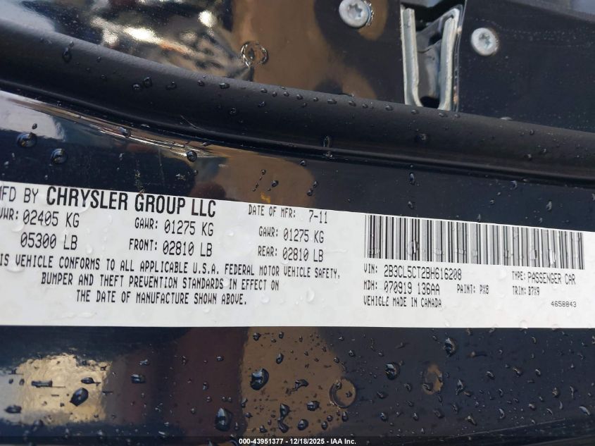 2011 Dodge Charger R/T VIN: 2B3CL5CT2BH616208 Lot: 43951377