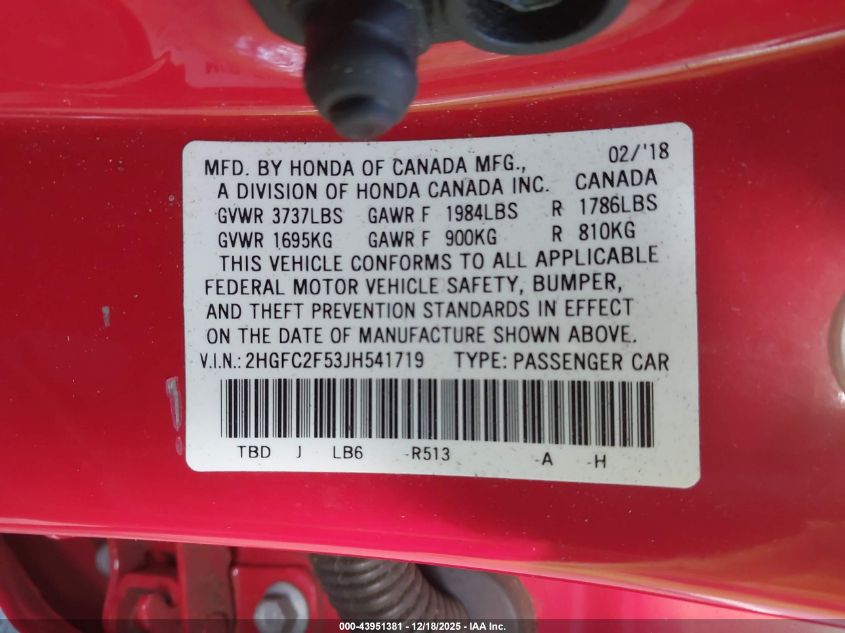 2018 Honda Civic Lx VIN: 2HGFC2F53JH541719 Lot: 43951381