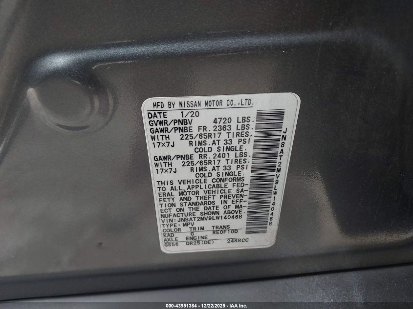 2020 Nissan Rogue Sv Intelligent Awd VIN: JN8AT2MV9LW140468 Lot: 43951384