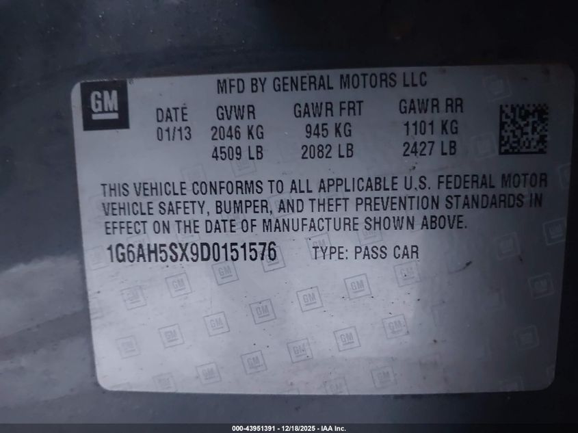 2013 Cadillac Ats Luxury VIN: 1G6AH5SX9D0151576 Lot: 43951391