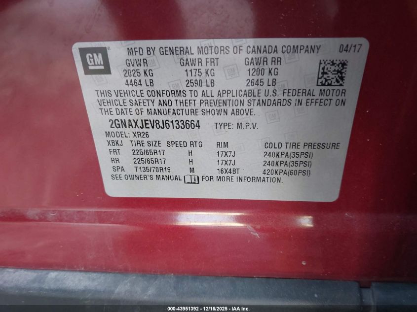 2018 Chevrolet Equinox Lt VIN: 2GNAXJEV8J6133664 Lot: 43951392