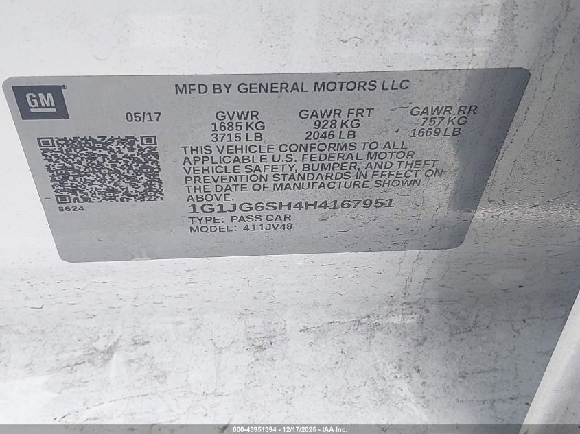 2017 Chevrolet Sonic Lt Auto VIN: 1G1JG6SH4H4167951 Lot: 43951394